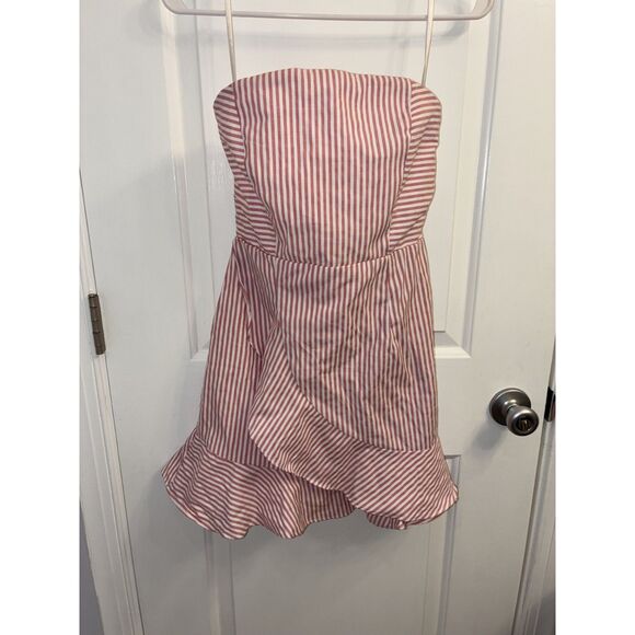 REVOLVE Dresses & Skirts - Superdown Strapless Pink White Stripe Ruffle Cotton Dress Size Small Revolve